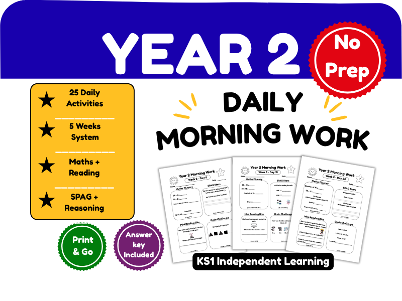 Year 2 Morning Work | 25 Daily Maths, SPaG & Reading Activities | 5 Week KS1 Morning Tasks