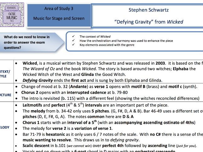 GCSE Music Edexcel 9-1- "Defying Gravity"  from WICKED Key Terms Sheet