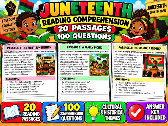 Juneteenth Reading Comprehension | 20 Passages, 100 Questions & Answer Key