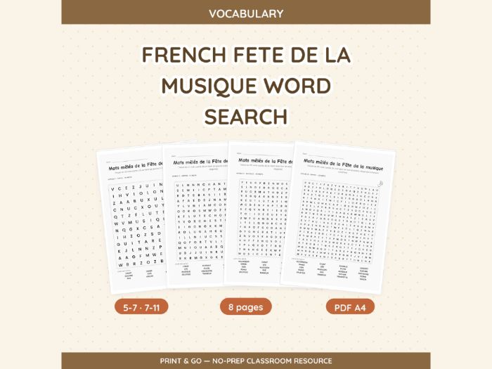 French Fete de la Musique Word Search | 8 pp