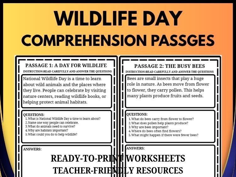 National Wildlife Day Reading Comprehension | 20 Passages & 100 Questions | Grades 2-8