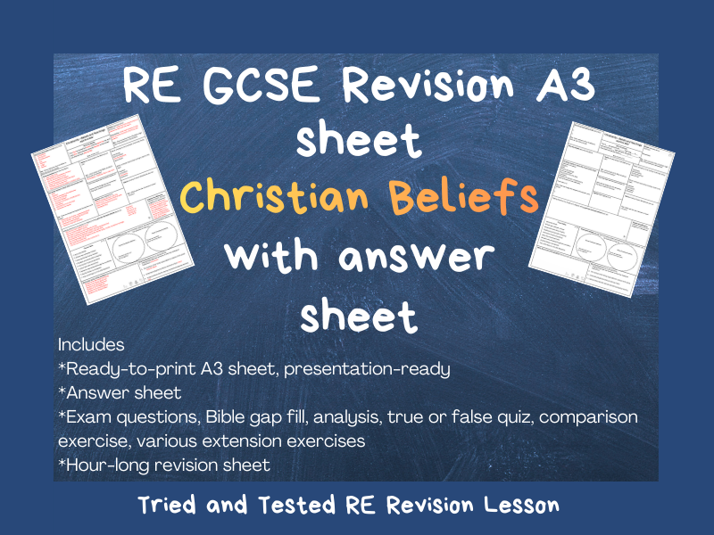 RE GCSE AQA Christianity Beliefs Revision A3 Sheet - printable with answers