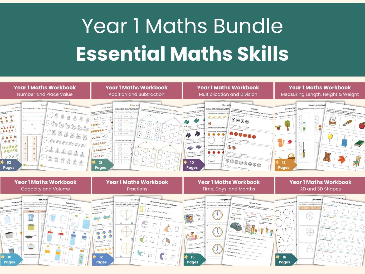 Year 1 Maths Workbook Bundle | Number, Addition, Shapes and Measurement Worksheets