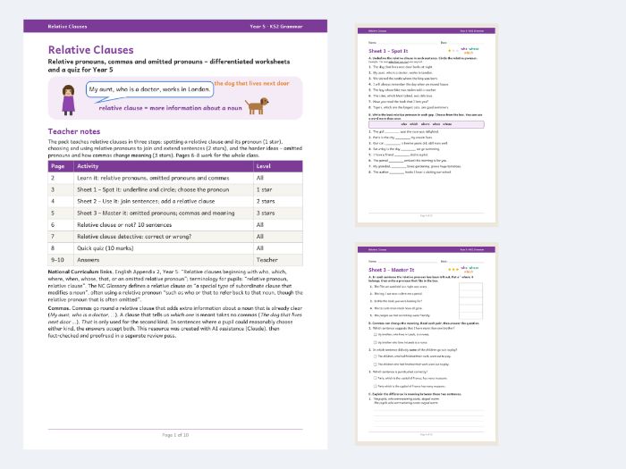 Relative Clauses Worksheets Year 5 KS2 Grammar