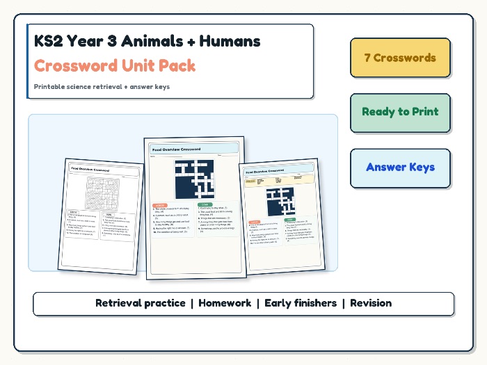 KS2 Year 3 Animals Including Humans Crossword Unit Pack | Science Vocabulary + Answers