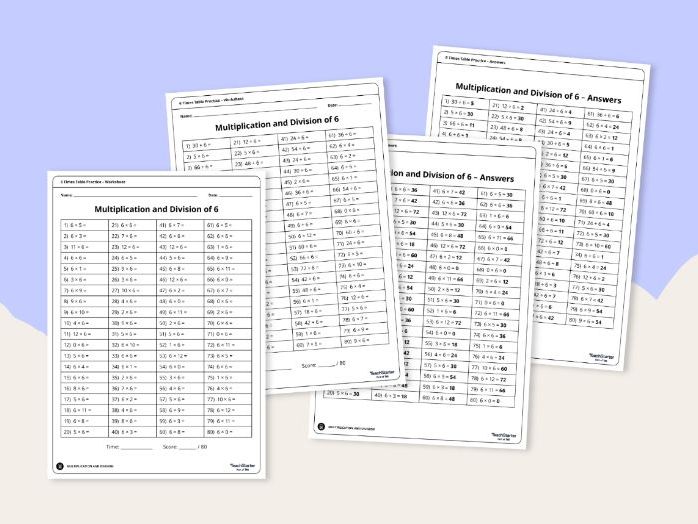 Multiplication and division practice worksheets for the 6 times table