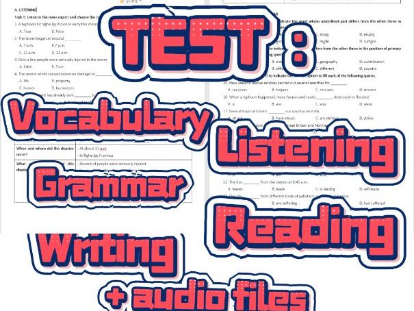 English Mock Exam: Typhoon & Pollution – Listening, Grammar, Writing (Gr 8-9)