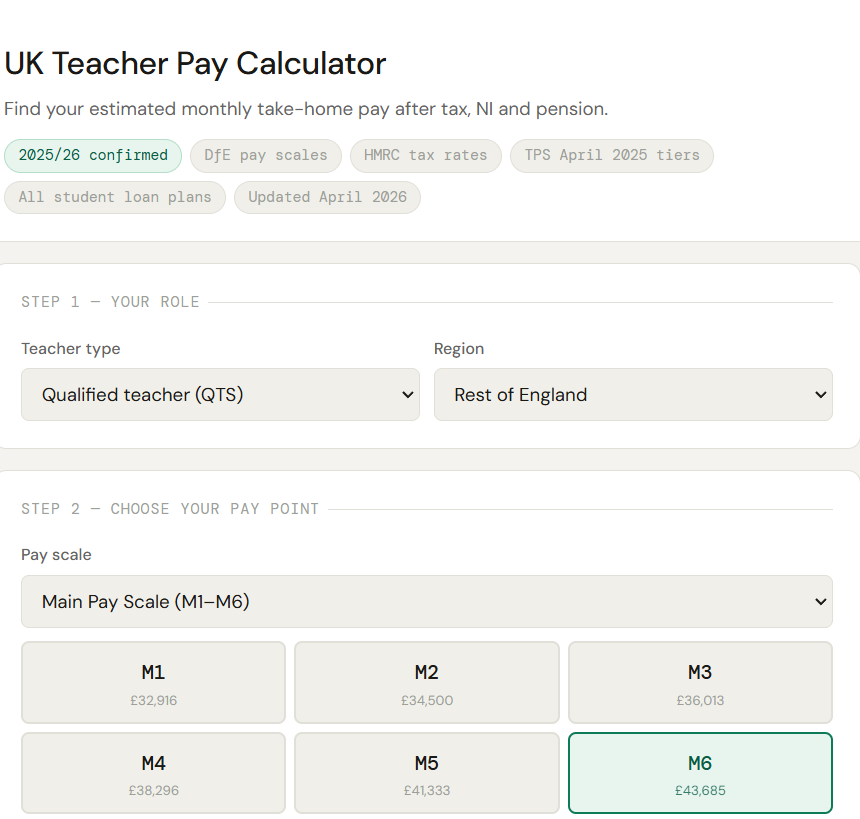 UK Teacher Pay Calculator — Live 2025/26 Take-Home Breakdown | Teaching ...