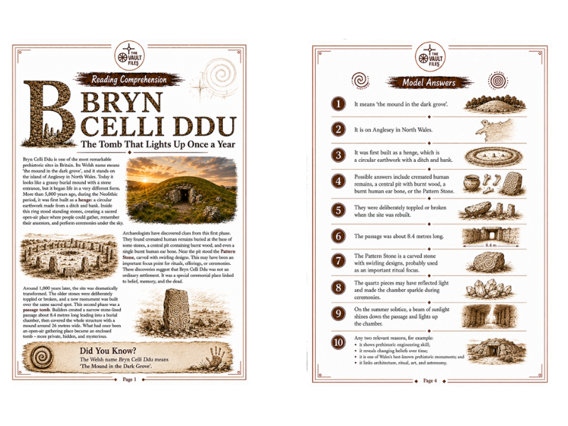 Bryn Celli Ddu Reading Comprehension with Questions and Answers (KS3 History)