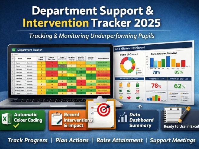 Department Support & Intervention Tracker – Excel Tracking & Monitoring for Underperforming Pupils