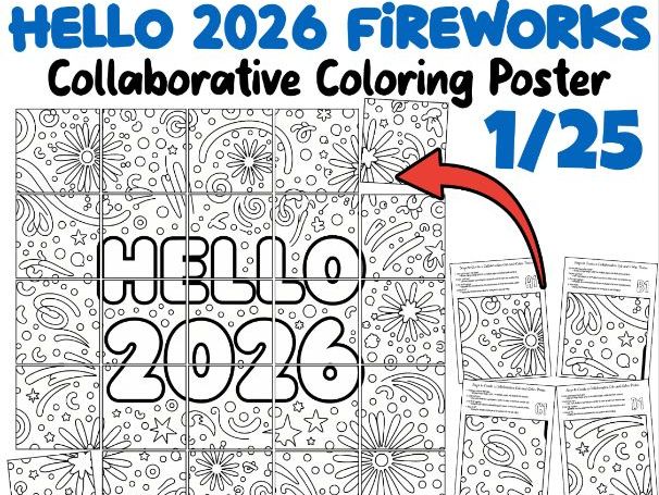 Hello 2026 Fireworks Collaborative Coloring Poster | New Year Classroom Activity