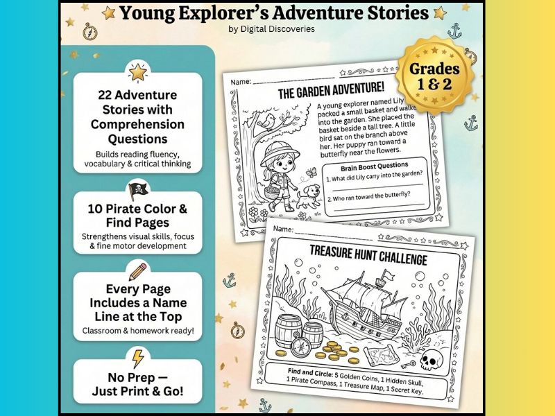 Young Explorer Adventure Stories Printable Grades 1–2 Reading Comprehension Worksheets