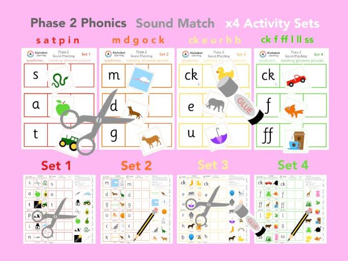 Phase 2 Phonics x4 sets Matching cut/stick