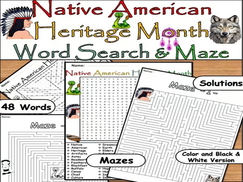 Native American Heritage Month Hard Word Search & Maze Activity – 48 Key Terms