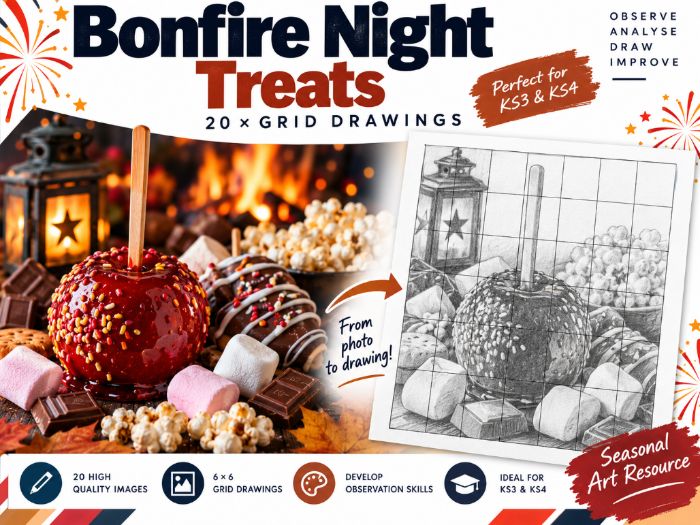 Bonfire Night Treats Grid Drawing Worksheets | 20 Art Activities | KS3 & KS4 | GCSE Art