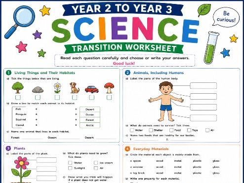 Year 2 to Year 3 Science Transition Worksheet | End of Year Science Revision | KS1 to KS2