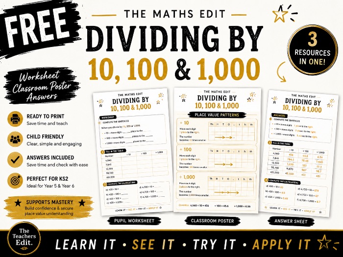 FREE Dividing by 10, 100 & 1,000 | KS2 Maths Worksheet & Answers