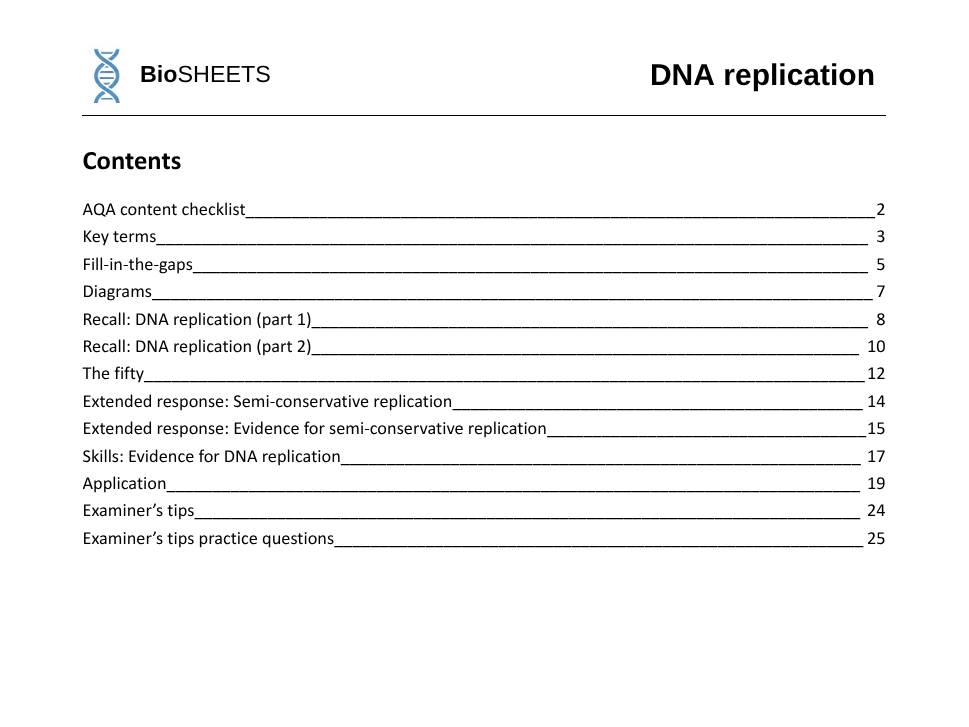 AQA A-Level Biology: 1.5.2 DNA replication – BioSHEETS Complete Study & Practice Pack