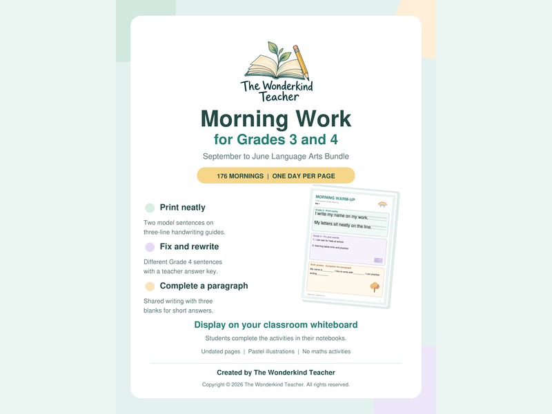 Grade 3/4 Morning Work Year Bundle | Printing, Sentence Editing & Paragraph Writing
