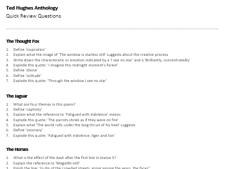 Ted Hughes Poetry-Quick Review Questions