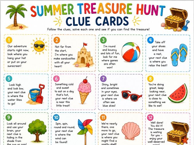 Summer Treasure Hunt Clue Cards | Holiday Club Outdoor Activity