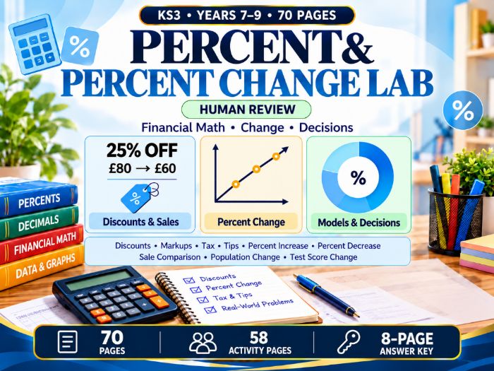 Percent & Percent Change Lab | KS3 Years 7–9 | 70-Page Maths Worksheets with Answers