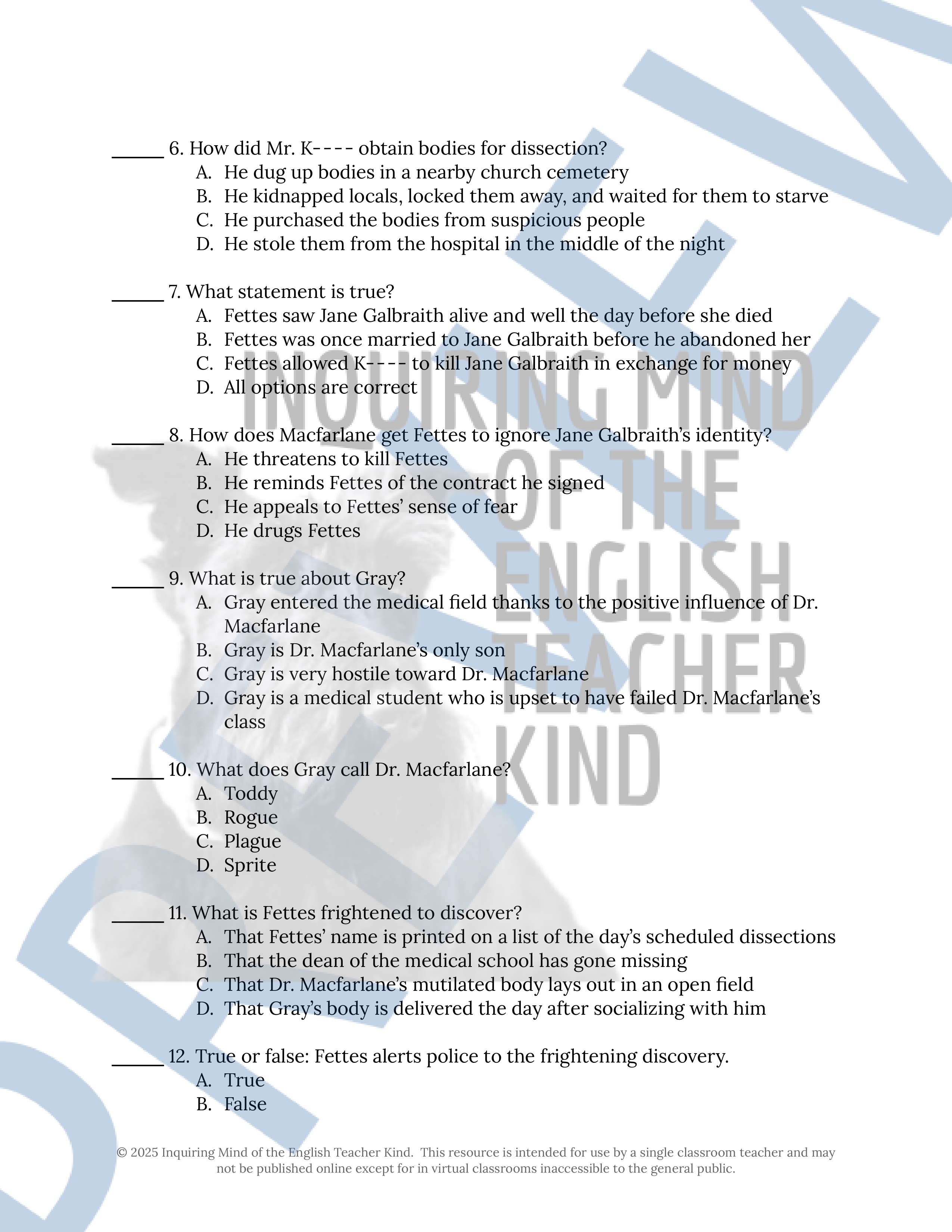 "The Body Snatcher" by Robert Louis Stevenson Quiz and Answer Key (Halloween Short Story ...