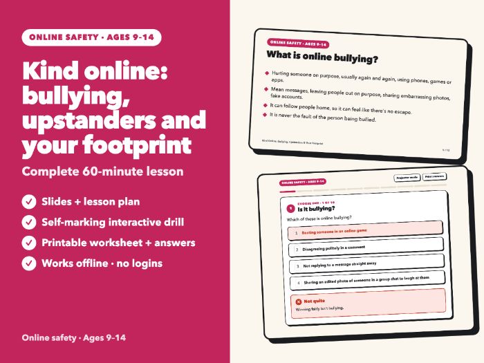 Online Safety Lesson: Cyberbullying, Upstanders & Digital Footprint | Slides, Drill | Ages 9-14