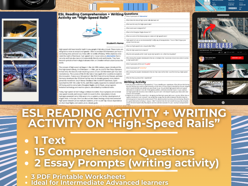 ESL Reading Comprehension + Writing Activity Worksheets on "High-Speed Rails"