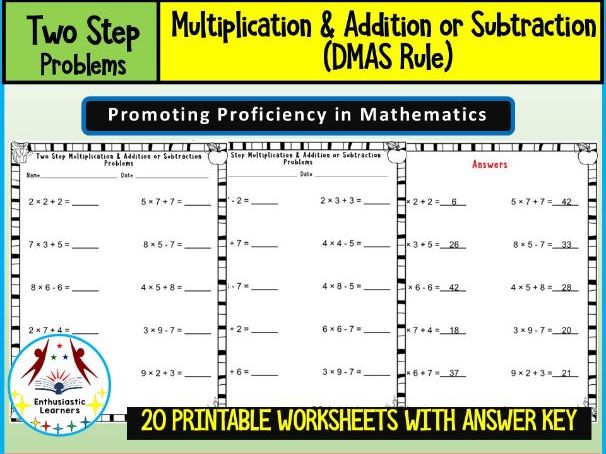 Two-Step Multiplication & Addition or Subtraction Worksheets 鈥� DMAS Rule Practice Math Problems