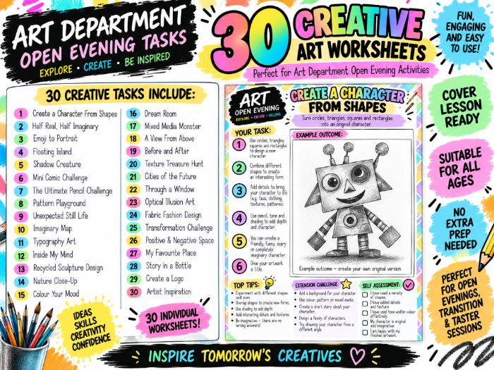 Art Department Open Evening Activities | 30 Creative Art Worksheets | KS2 KS3 KS4