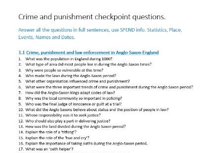 Edexcel History Crime And Punishment Checkpoint Questions Teaching 