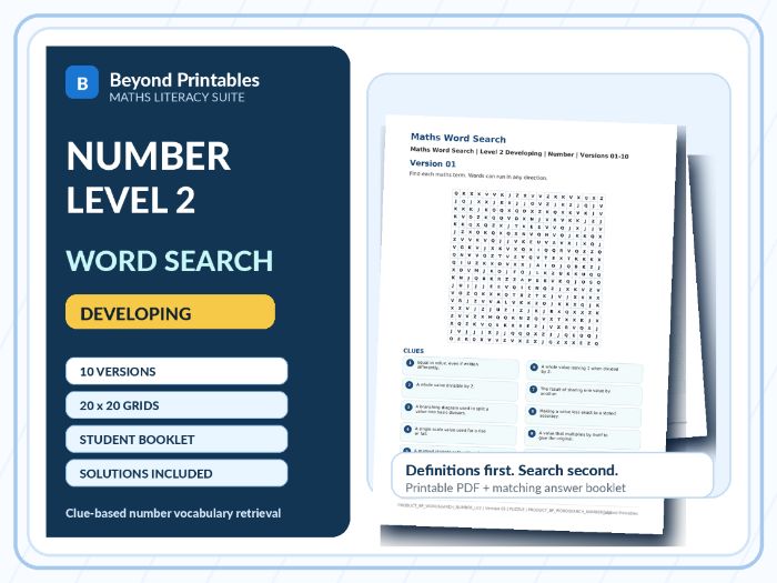 Number Level 2 Maths Word Search | 10 Printable Vocabulary Puzzles with Solutions