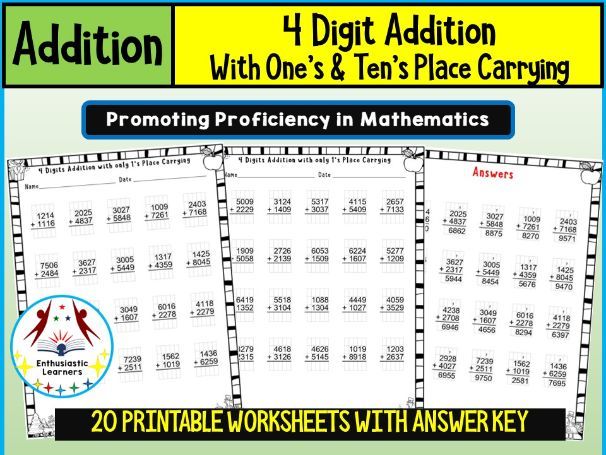 4-Digit Addition with One’s & Ten’s Place Carrying (Regrouping) Worksheets – Practice Activity