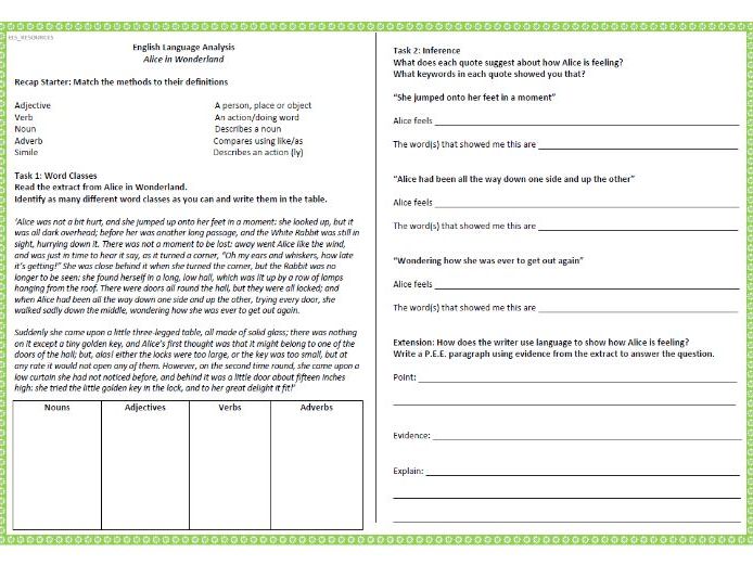 FREE English - Language Analysis - Alice in Wonderland Worksheet
