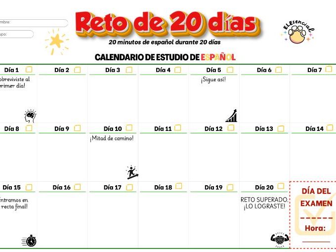 20-Day Spanish Study Challenge Calendar