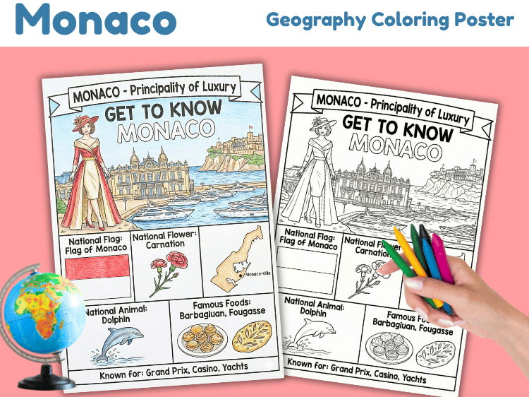 Monaco Geography Coloring Poster | Country Facts & Symbols