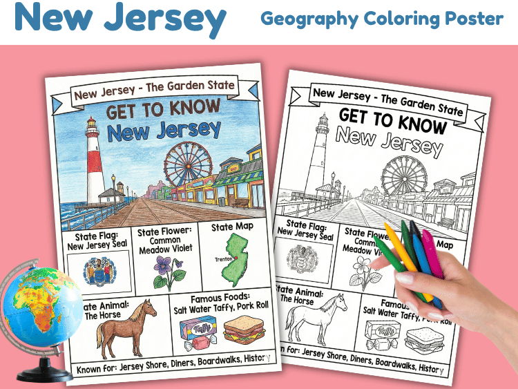 New Jersey Geography Coloring Poster | State Facts Worksheet