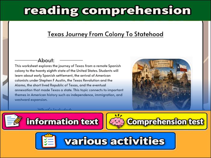 Texas Journey From Colony To Statehood - reading comprehension & Activities