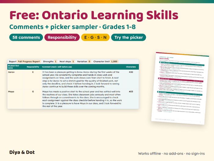 Free Ontario Learning Skills Comments