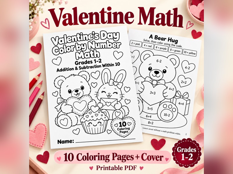 Valentine's Day Colour by Number Math Grades 1-2