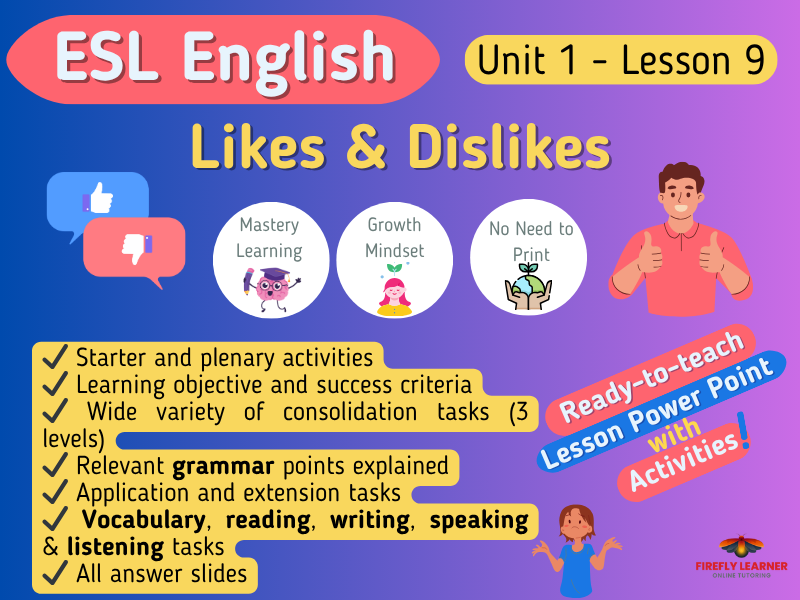 Likes & Dislikes - ESL English Lesson + Activities for TEFL Teachers (1.9)