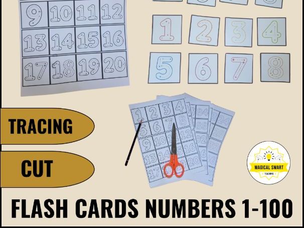 Number Flash Cards 1-100 | Tracing and Cut Numbers Math Game | Printable