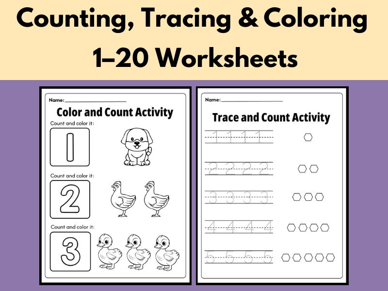 Counting, Tracing & Coloring 1–20 Worksheets