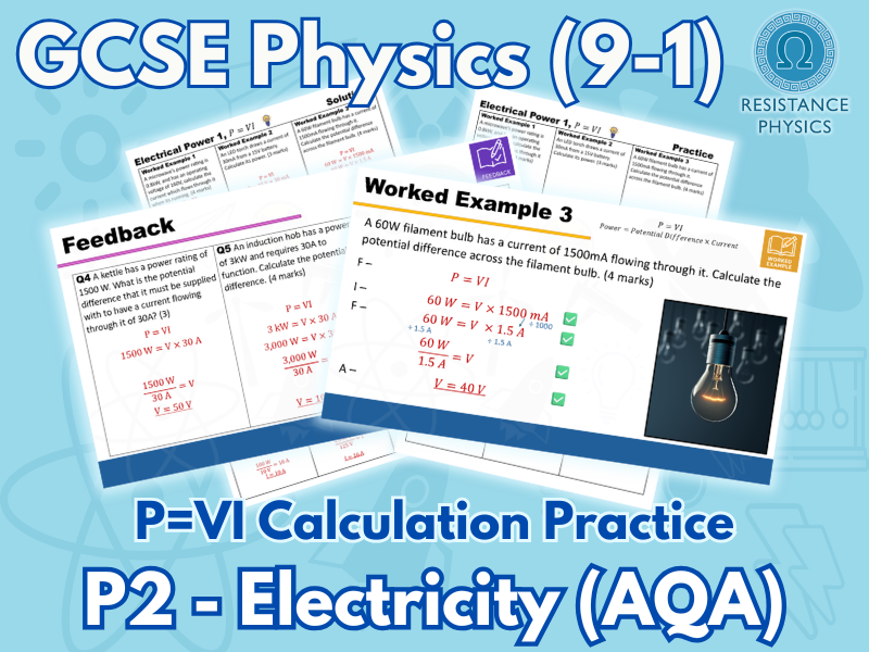 GCSE Physics | P=VI, Power Calculations Worksheet | Worked Examples and Answer Slides
