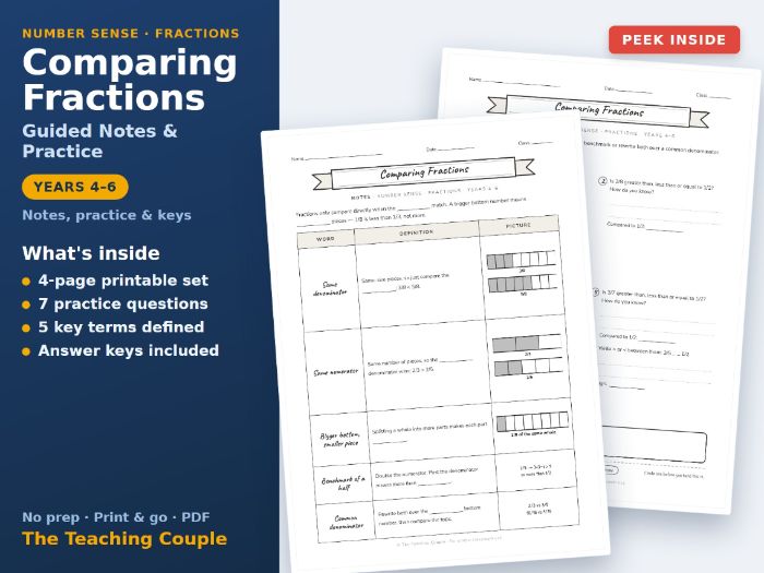 Comparing Fractions Guided Notes & Practice + Answer Keys | Years 4-6