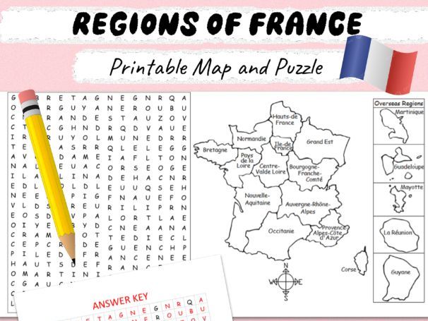 Regions of France Printable Map and Word Search Puzzle Activity