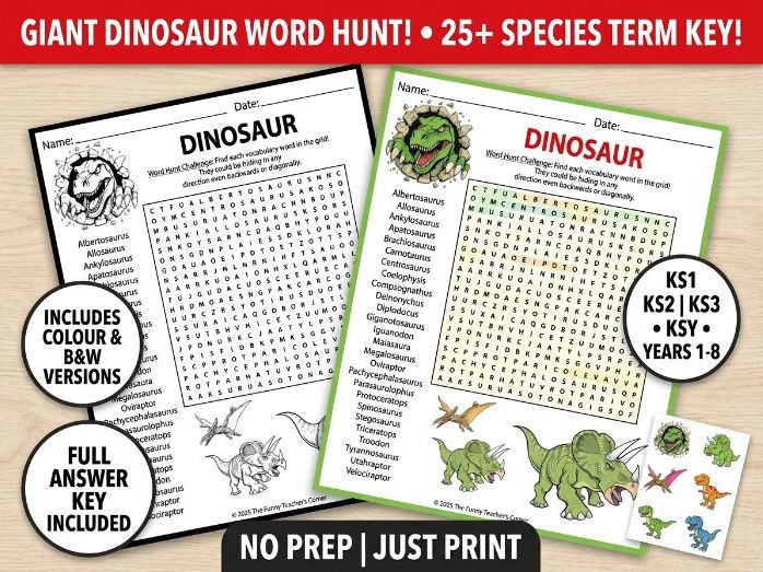 Dinosaur Names Word Search | Prehistoric Animals & Science Activity | KS1 KS2 KS3 Years 1-8
