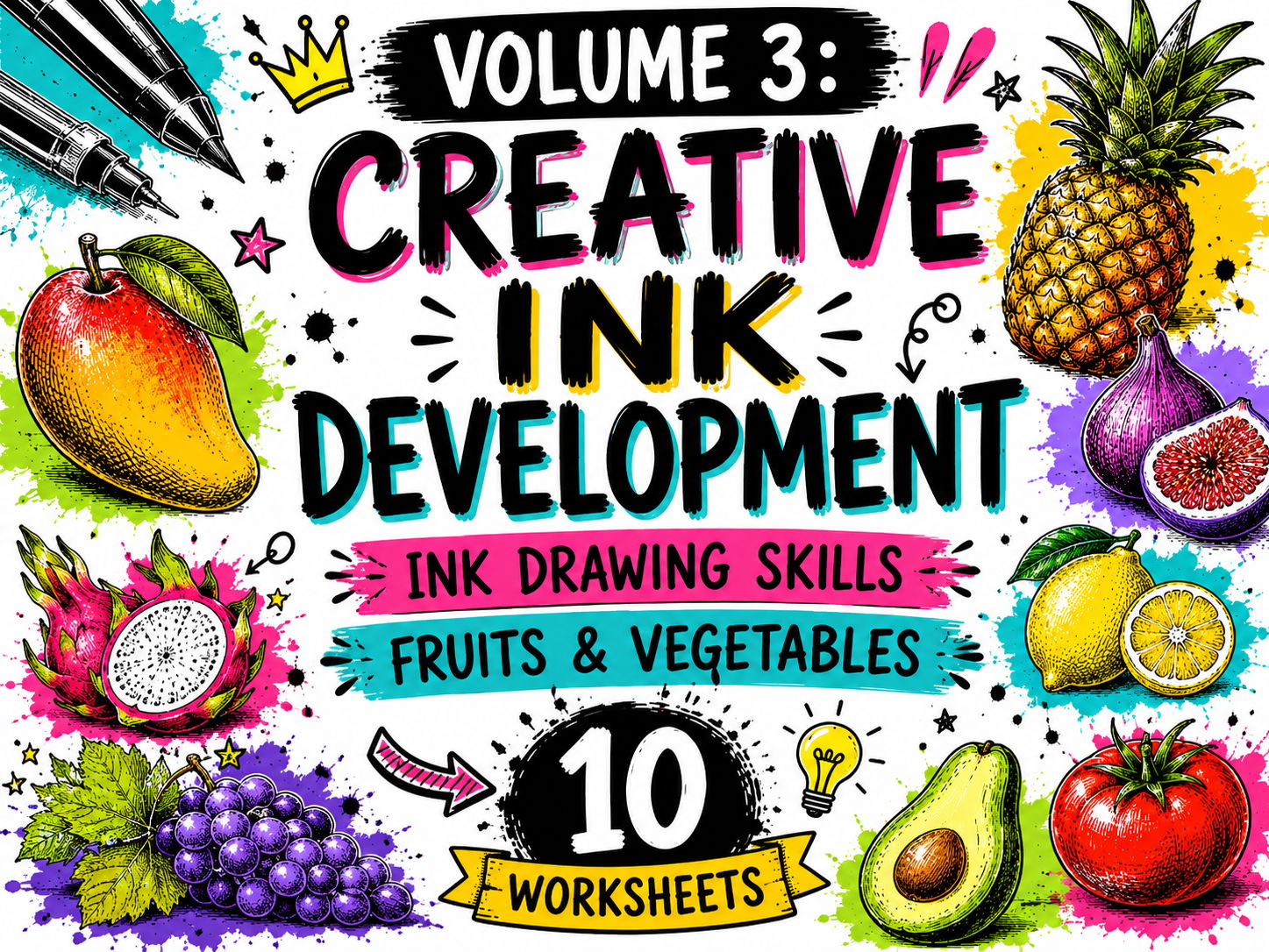 Ink Drawing Skills – Fruits & Vegetables Volume 3 | Creative Ink Development | 10 KS3 Art Worksheets