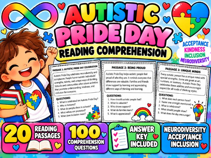 Autistic Pride Day Reading Comprehension | 20 Passages & Questions